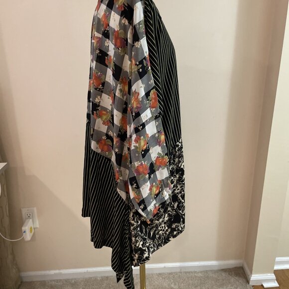 M Square Patchwork Top Tunic Women's XL Black Multi Button Front Oversized Boho - Picture 6 of 12